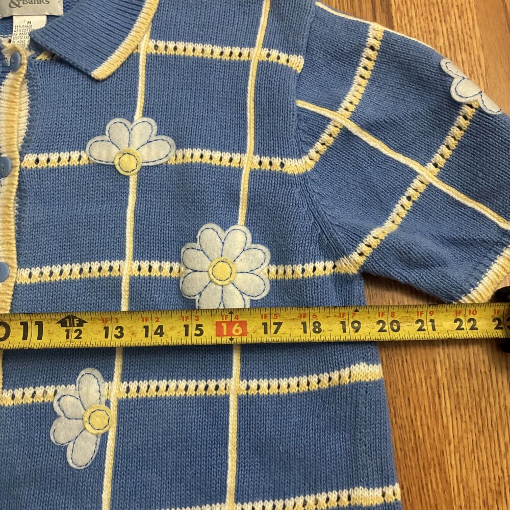 Vintage Blue Yellow Floral Daisy Knit Sweater Hand Embroidered M Button Down Top - Picture 7 of 7
